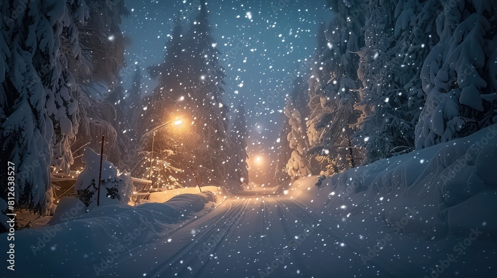 Snow falling at night in a snowy dark forest with lights and stars Snow falling at night in a snowy dark forest with lights and stars