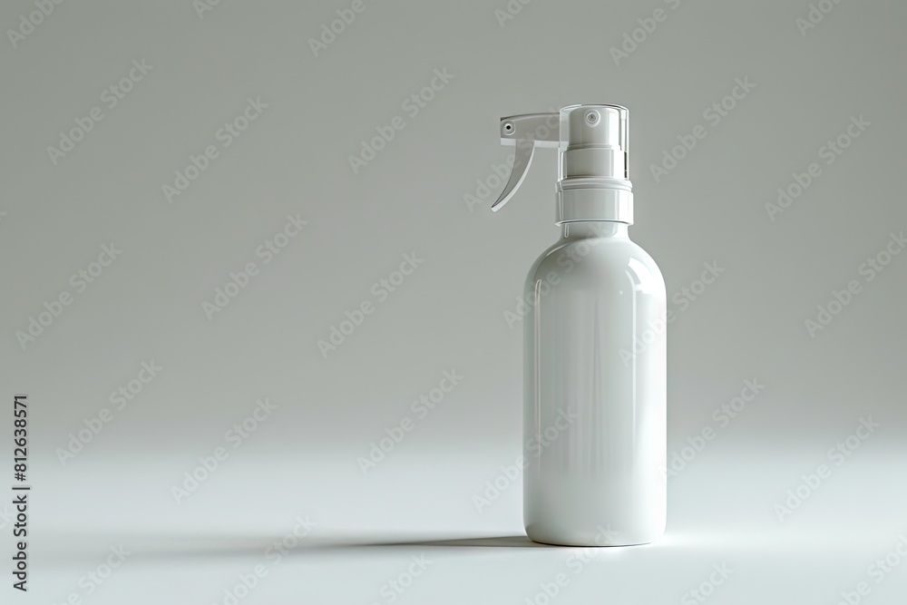 A realistic 3D mockup of a spray bottle with a white body and a white pump on grey background A realistic 3D mockup of a spray bottle with a white body and a white pump on grey background