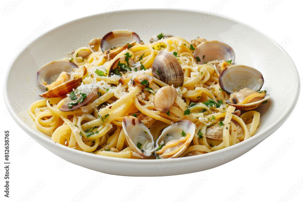 Fresh linguine tossed with clams, garlic, and parsley, served in a white bowl with a sprinkle of parmesan cheese.