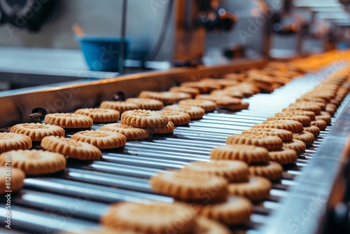 Automatic bakery production line with sweet cookies on conveyor belt equipment machinery in confectionary factory workshop, industrial food production