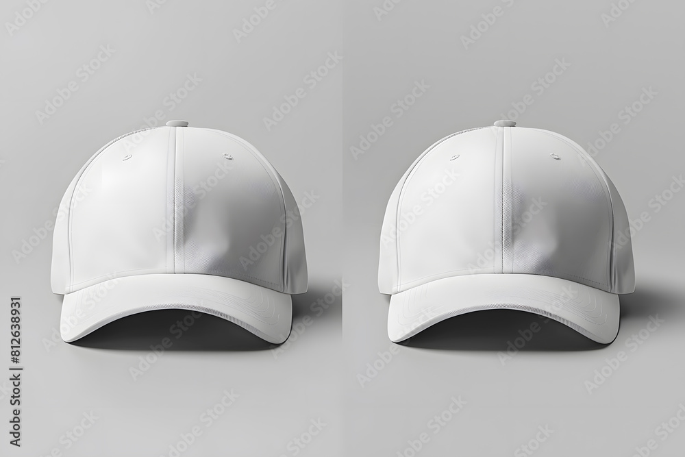 White baseball caps mockup front and back side mockup. Generative Ai. White baseball caps mockup front and back side mockup. Generative Ai.