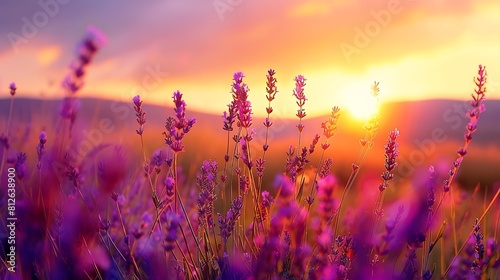 A breathtaking sunset over a field of purple lavender flowers, casting a golden glow over the landscape.