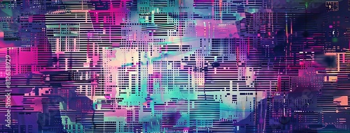 A digital artwork with a chaotic glitch aesthetic resembling an abstract urban cityscape in vibrant colors