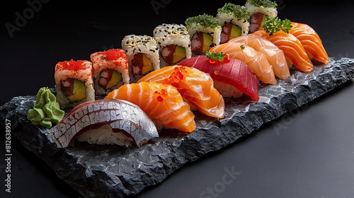 sushi with salmon on utting board  photo