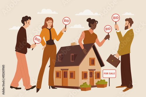 House for sale, property investment and real estate selling at public auction. Competitors hold bid paddles to raise price in bidding competition, people buy tiny building cartoon vector illustration