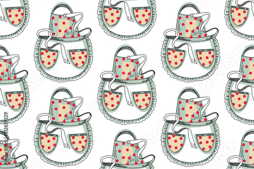 Seamless pattern with kitchen utensils. Cooking apron with lace and red polka dot pockets. All objects are hand-drawn in vector in blue, red and black. For fabric, paper, kitchen design.
