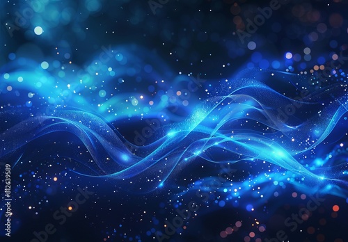 The image showcases a vibrant blue abstract wave pattern with glittering particles against a dark backdrop