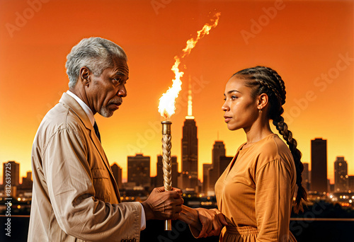 a senior man and woman holding torches in front of a city skyline
