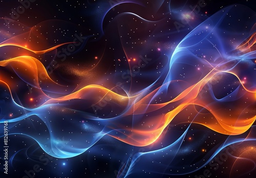 This abstract image features flowing lines in vibrant blue and orange hues against a speckled cosmic backdrop