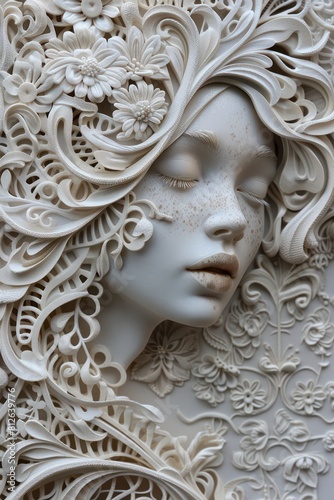 A monochromatic sculptural portrait of a woman with an elaborate floral design and serene expression