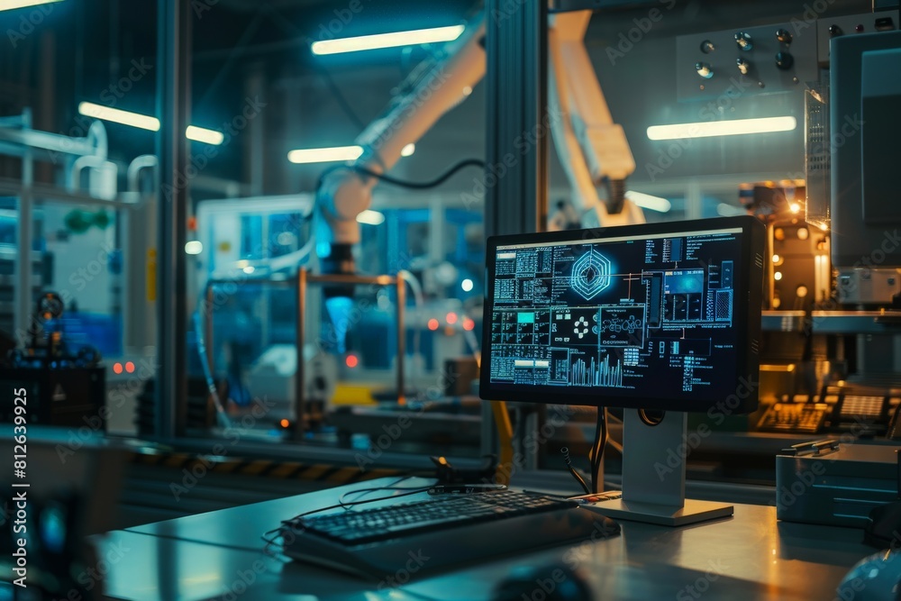 Factory Cleanroom: On the Desk Personal Computer Showing Infrastructure System Control on its Display. In Background CNC Machinery, Professionals Use Robot Arm on Production Line Factory Cleanroom: On the Desk Personal Computer Showing Infrastructure System Control on its Display. In Background CNC Machinery, Professionals Use Robot Arm on Production Line