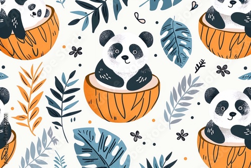 
Seamless pattern with panda on coconut, design for clothes, bed linen, underwear, pajamas, banner, textile, poster, postcard and scrapbook