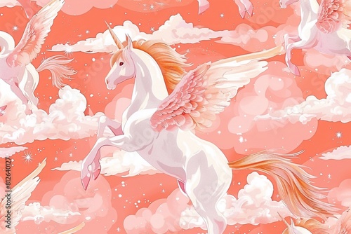 Seamless pattern with pegasus, wallpaper background. Design for clothing, bedding, underwear, pajamas, banner, textile, poster, card and scrapbook