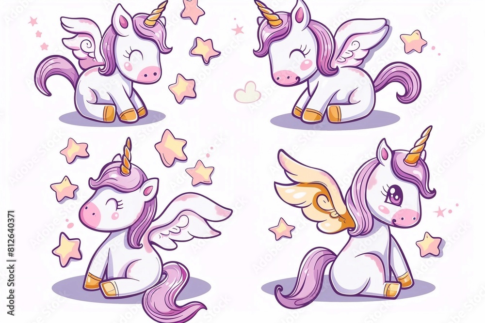 Cute set happy baby unicorn, stickers pack, cartoon vector illustration Cute set happy baby unicorn, stickers pack, cartoon vector illustration