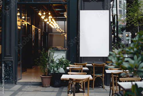White paper poster mockup displayed outside the building restaurant mockup. Generative Ai.
