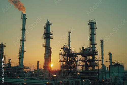 Industrial equipment against clear sky at oil refinery during sunset