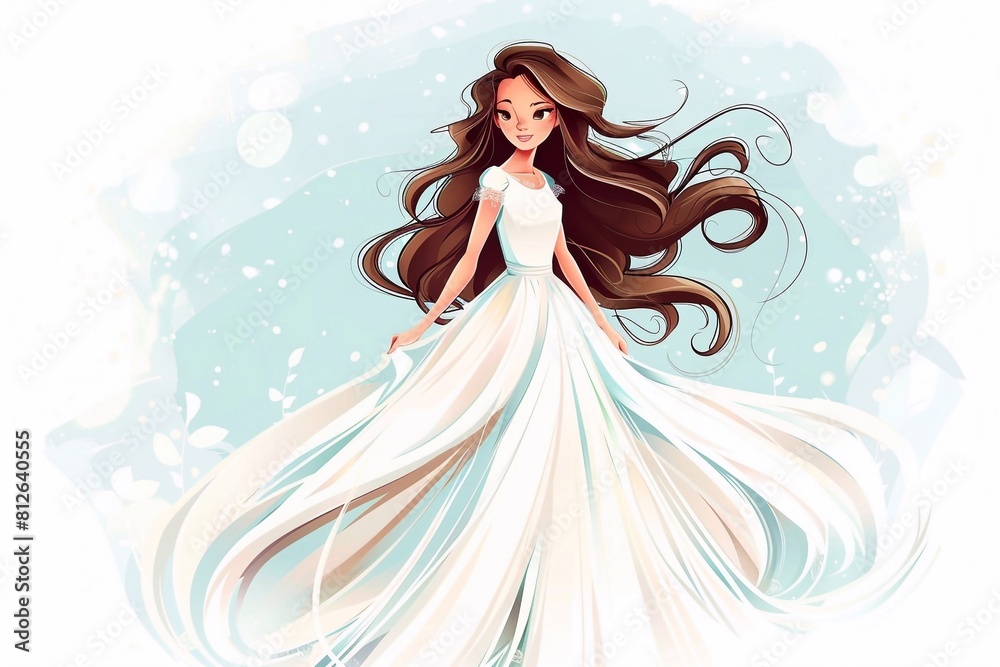 Cute illustration for children's books. Beautiful cute princess with long hair holding her long white dress Cute illustration for children's books. Beautiful cute princess with long hair holding her long white dress