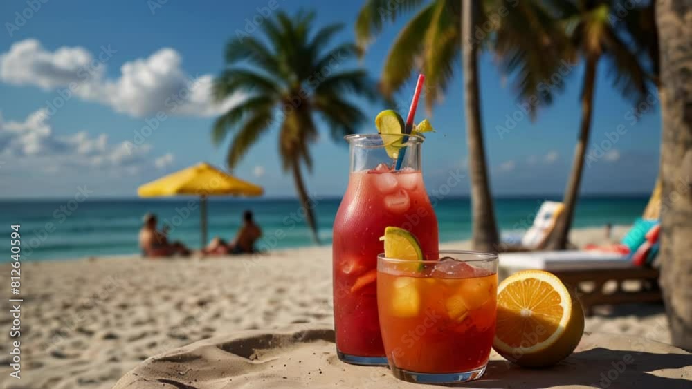Two jars with cool tropical drinks and straw on Seashore. Concept of Travel, Vacation, Relax and Holidays Two jars with cool tropical drinks and straw on Seashore. Concept of Travel, Vacation, Relax and Holidays