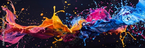 Dynamic collision of vibrant colors in fluid motion a symphony of paint splashes. Banner