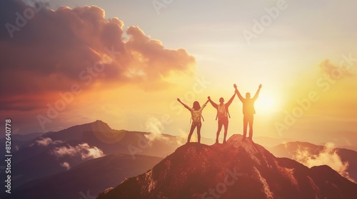 Three people raise their hands in the air  overcome obstacles together  and celebrate success and accomplishments at the top of a mountain.