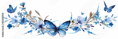 Discover a Watercolor Vector Floral Wreath Adorned with Blue Butterflies and Delicate Flowers. This Blossom Flower Clip Art Arrangement is Perfect for Elevating Wedding Invitations, Cards, Mother's Da photo