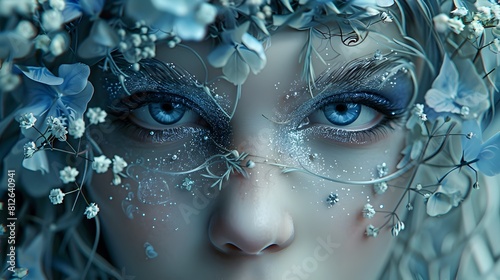 Captivating Ethereal Winter Goddess Portrait with Icy Crystal Accents and Whimsical Floral Details