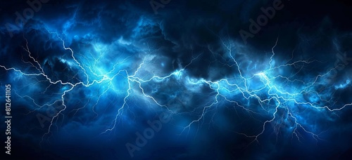 A stunning display of powerful blue lightning bolts branching across a dark, ominous sky, demonstrating nature's electric force