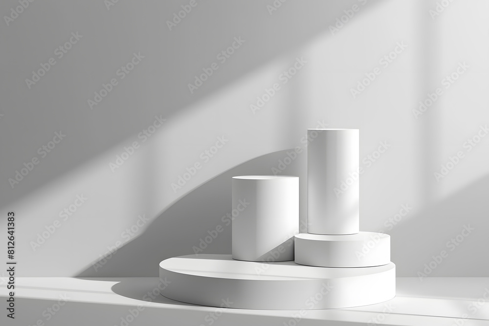White realistic 3D cylinder steps pedestal podium set with shadow and lighting. Generative Ai. White realistic 3D cylinder steps pedestal podium set with shadow and lighting. Generative Ai.