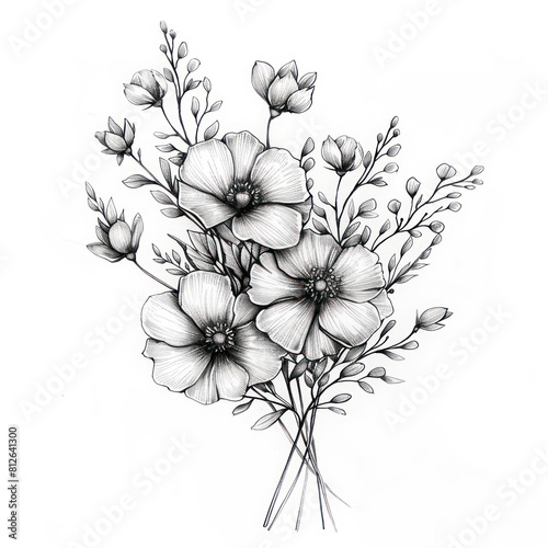 Detailed sketch of anemone flowers featuring their distinct petals and foliage in a monochromatic style