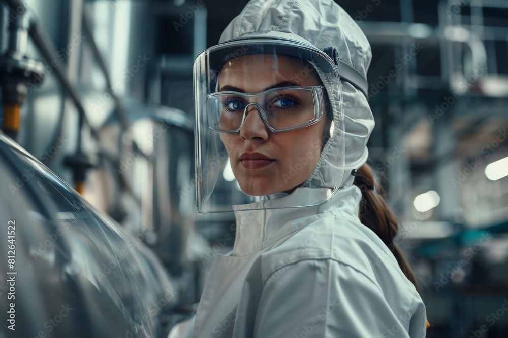 Portrait of female worker wearing protective suit while operating equipment at modern chemical plant