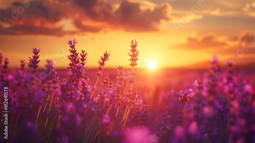 A breathtaking sunset over a field of purple lavender flowers, casting a golden glow over the landscape.