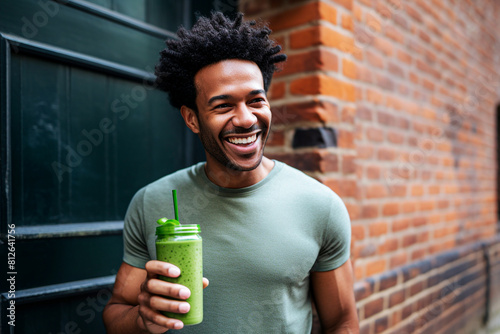 Blurred Smiling african american man with green smoothie in the city