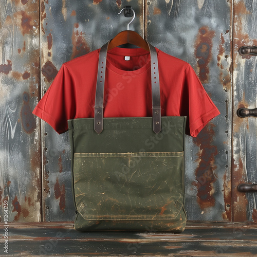 A red blank T-shirt hung on a hanger, displayed on a wall with a green eco leather bag with a brown shoulder strap. photo
