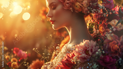 beautiful woman covered with flowers, poster for wall painting with sunlit