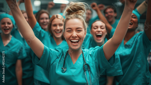 Portrait of successful medical students standing together in a hospital, wearing matching scrubs and displaying a happy expression	