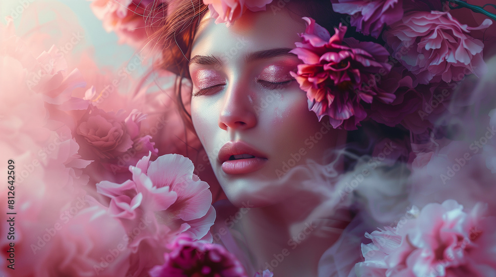 beautiful woman covered with flowers, poster for wall painting	