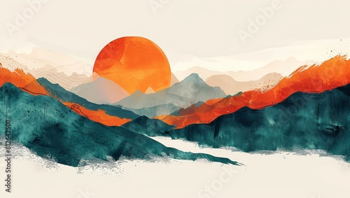 A hand drawn illustration of an abstract background with orange and teal gradients, a sun setting behind mountains, a white space in the middle for text, simple lines, in the style photo