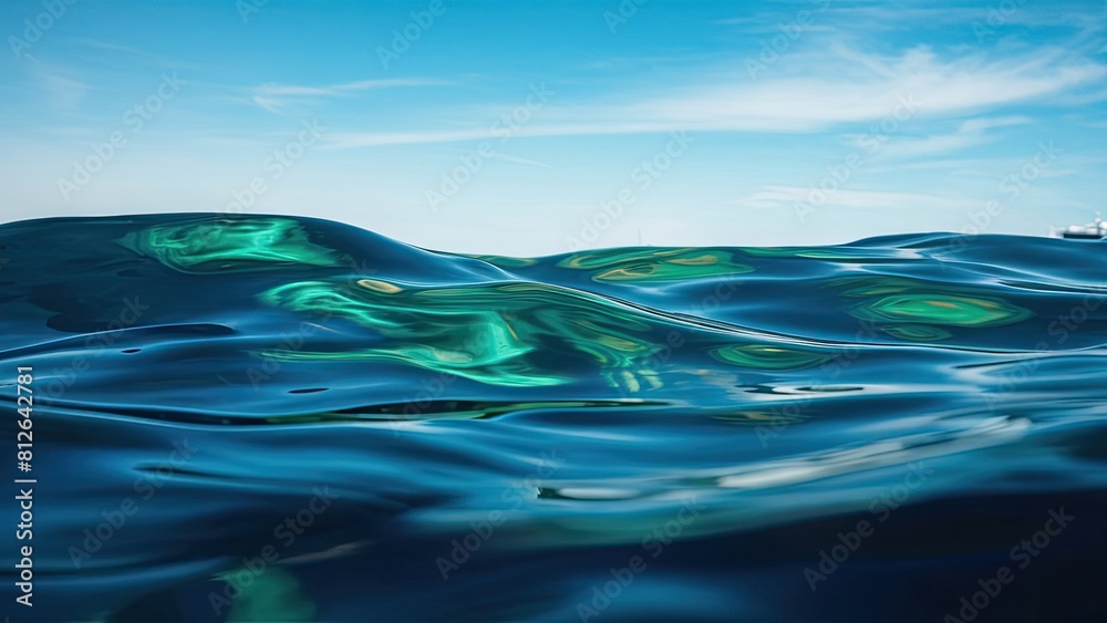 Blue green surface of the ocean with gentle ripples on the surface and light refracting Blue green surface of the ocean with gentle ripples on the surface and light refracting