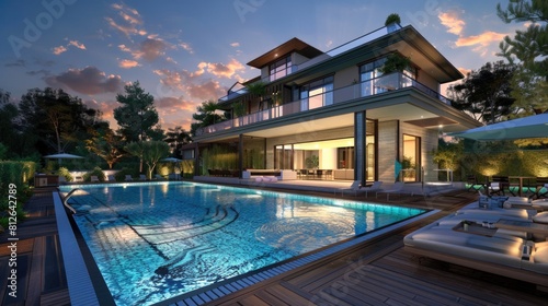 Beautiful Swimming Pool. Expensive Private Villa with Deck and Garden in Evening Light