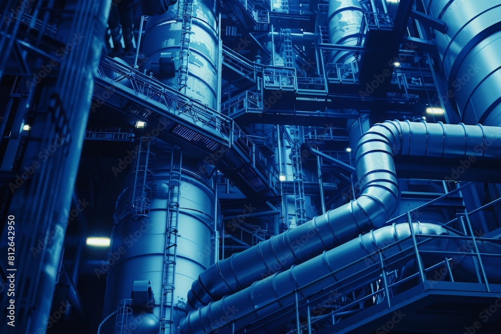 Heavy Industry concept with industrial plant, manufacture building, factory on dark blue Heavy Industry concept with industrial plant, manufacture building, factory on dark blue