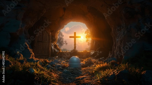 An open empty tomb with the sun rising behind it