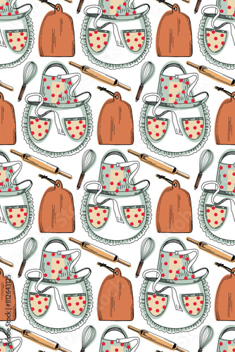 Seamless pattern with kitchen utensils. Cooking apron, rolling pin, cutting board, whisk. All objects are hand-drawn in vector colors of brown, red and black. For printing on fabric, paper, design.