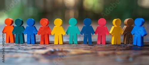 Colorful paper people standing in line on a wooden table, in a closeup photo