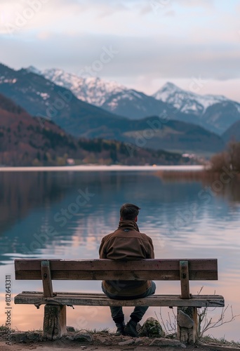 A man sits on the edge of an old wooden bench and looks at a lake with mountains in the background.