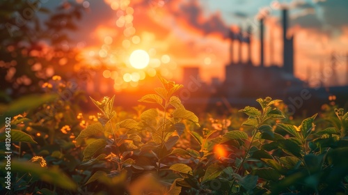 Industrial Sunset: Vivid Skies over Factory Silhouettes and Lush Foliage. Generative ai