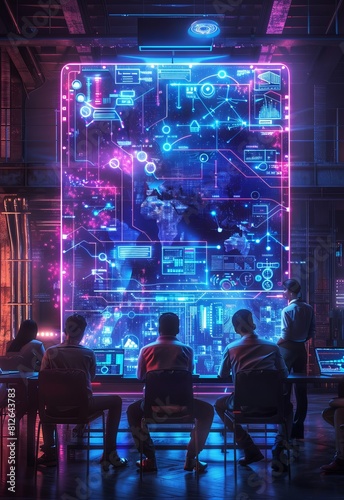 In a neon-lit control room, a team engages with a digital map projection depicting various data points and global connections photo