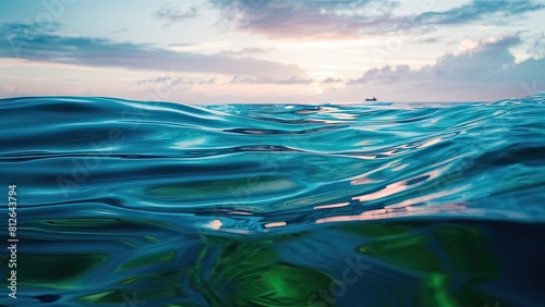 Blue green surface of the ocean with gentle ripples on the surface and light refracting