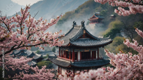 Enchanting Mist, Ancient Chinese Temple Amidst Sakura Blossoms on Mountain