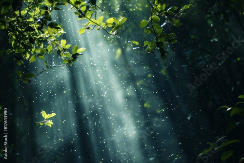 Tranquil and peaceful enchanted forest bathed in shimmering sunlight beams, creating a magical and mystical atmosphere