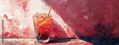 Minimalistic illustration featuring sunlit cold summer iced coffee, tea or lemonade in tall glass on magenta background. Cafe menu concept or drinks design project.